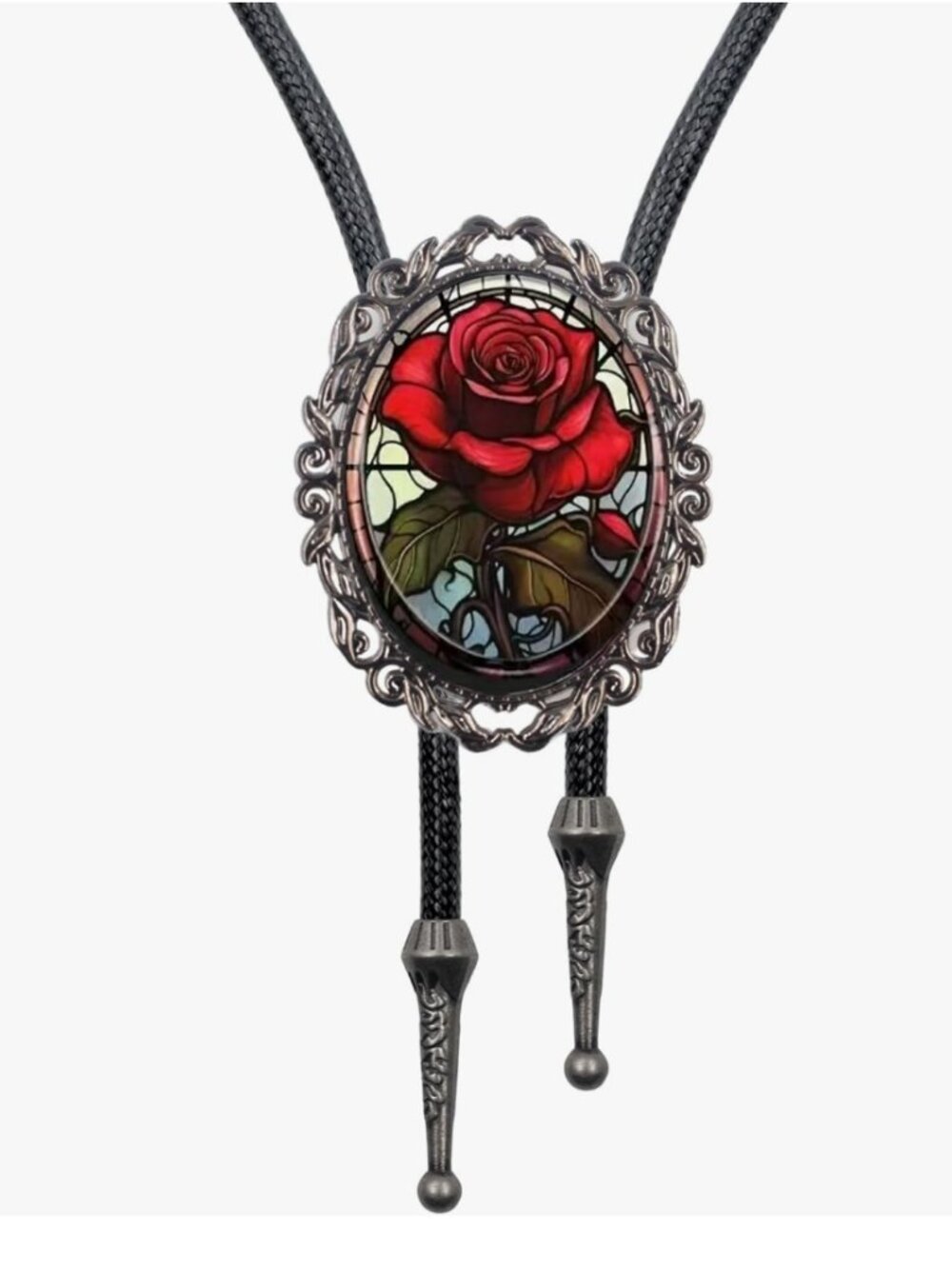 Black Glass Rose Bolo Tie